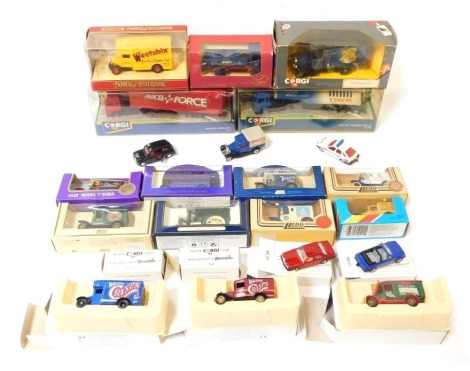 Diecast vehicles, to include Cadbury's model vintage van, Golden Jubilee bus, Corgi Volvo tanker Tesco, Corgi Seddon Atkinson for Parcelforce, and others, boxed. (1 tray) 