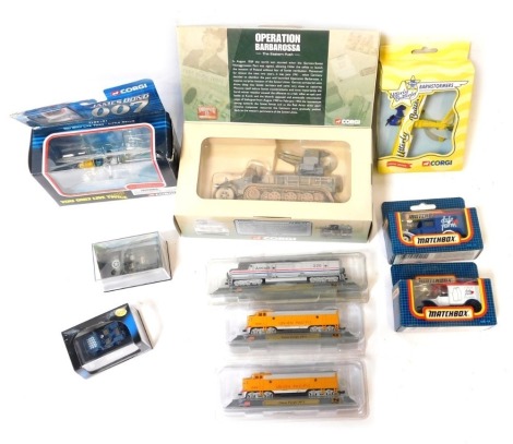 Diecast play worn vehicles, comprising Matchbox delivery car, Corgi James Bond You Only Live Twice helicopter, Utterly Butterly Corgi helicopter, Union Pacific FP7 model, and others. (1 box)