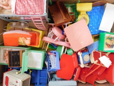 Various 1960s doll's house furniture, to include two tier bed, chairs, telephone, piano, etc. (1 box)