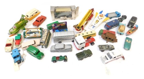 Various diecast vehicles, playworn, to include two sectional crane, police truck, Thomas the Tank Engine boat, sting ray, etc. (1 tray)