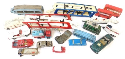 Various diecast vehicles, playworn, to include car loader, Dinky TV Roving Eye, Corgi horse box, etc. (1 tray)