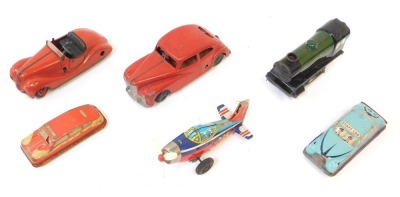 Various tinplate toys, comprising two Schuco cars, a Royal Navy staff car, tinplate Hornby 60985 locomotive, and a Japanese tinplate aircraft. (6)