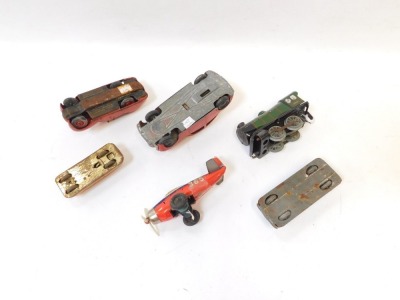 Various tinplate toys, comprising two Schuco cars, a Royal Navy staff car, tinplate Hornby 60985 locomotive, and a Japanese tinplate aircraft. (6) - 2