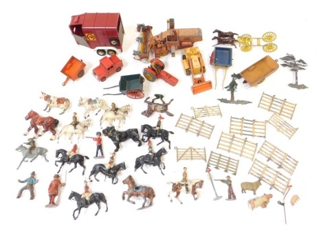 Diecast playworn agricultural vehicles and animals, comprising horse box, Dinky combine harvester, painted animals, etc. (1 tray)