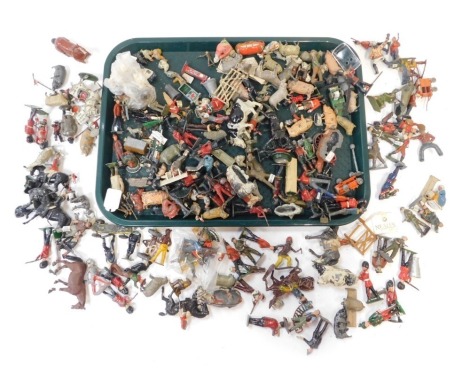 A group of painted lead farm animal figures, soldiers and others. (1 tray)