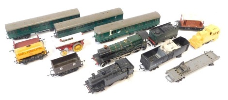 OO gauge railways, comprising four Tri-ang locomotives P52, kit built P1, a Great Western Burton Hall locomotive and tender, three SIC523 coaches, wagons, etc. (1 tray)