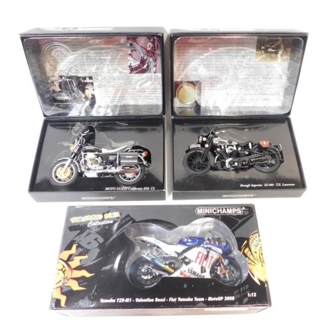 Three Minichamps diecast Classic Bike Series models, comprising The 1-12 Scale Moto Guzzi California 850-T3, The Bruff Superior SS100 TE Lawrence 1932, and a Minichamps Yamaha YZR-M1 Valentino Rossi Fiat Yamaha Moto GP 2008, boxed. (3)