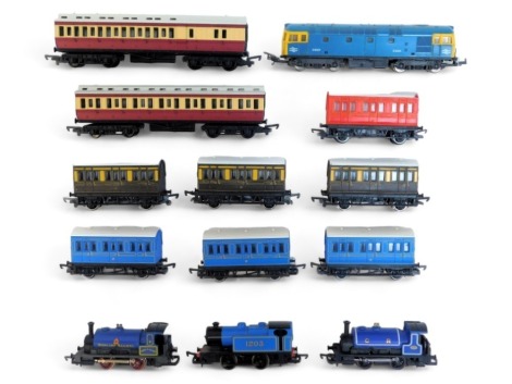 Hornby and Lima OO gauge locomotives and rolling stock, including Caledonian Railway 0-4-0 locomotive, Highland Railway 0-4-0 tank locomotive, four wheel coaches, etc. (1 box)