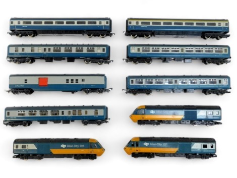 Hornby OO gauge class 43 HST locomotives and dummy cars, and blue and grey intercity coaches. (1 box)