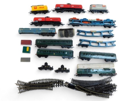 Hornby, Triang and other locomotive bodies, chassies and rolling stock, including Texaco, Milford Haven tankers, three car DMU, etc. (2 boxes)