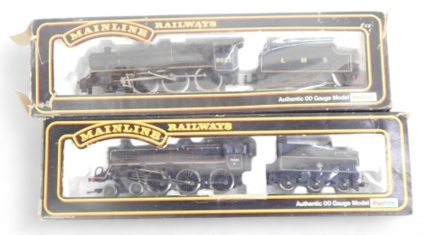 Mainline Railways OO gauge locomotives, including BR standard class 4 locomotive in BR black livery, and class 5XP Jubilee locomotive in LMS lined black, boxed. (2)