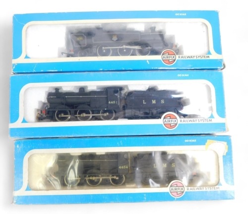 Airfix OO gauge locomotives, including a Fowler class 4F locomotive in LMS black, a Prairie tank locomotive in BR black and a Fowler class 4F in LMS black, boxed. (3)