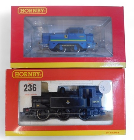 Hornby OO gauge tank locomotives, including R3483 0-4-0 diesel Sentinel Crossley & Evans livery, and R2384 class J83 locomotive, in BR lined black, boxed. (2)