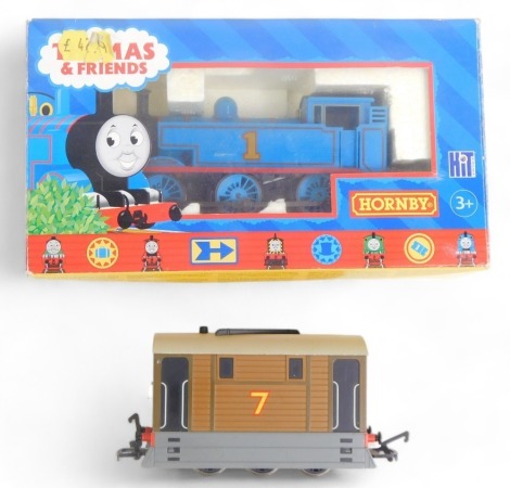 Hornby OO gauge Thomas and Friends Thomas the Tank Engine locomotive, 0-6-0, number 1, R351, and number 7 Toby the Tram, boxed and unboxed. (2)