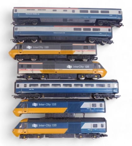 Hornby and Lima OO gauge class 43 HST locomotives, dummy cars and rolling stock, including restaurant buffet cars in Intercity blue and grey, etc. (1 tray)