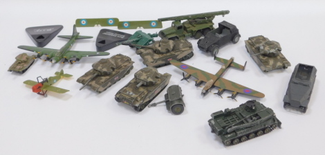 Corgi, Solido and other playworn military diecast, including Corgi Toys Centurion mark 3 tank, Corgi Toys AMX 30D recovery tank, Dinky Supertoys hydro crane, B17 Memphis Belle, Avro Lancaster, etc. (1 tray)