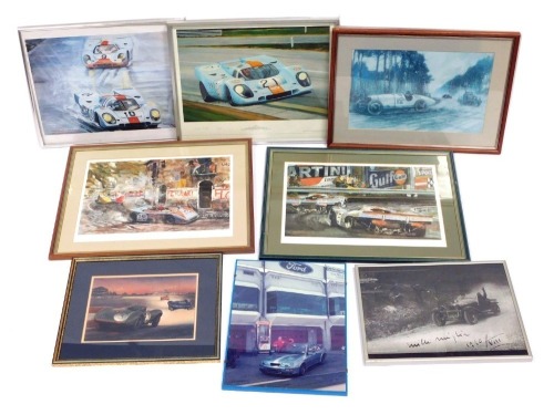 Walter Getschke. Two framed coloured motor racing prints, and other various motor racing prints. (8) 