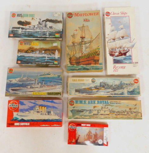 Airfix model kits, including HMS Suffolk, HMS Ajax, Mayflower, etc. (1 box)