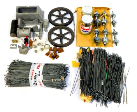 Various automobile and bicycle parts, to include spokes, brake reels, castings, etc. (3 trays)