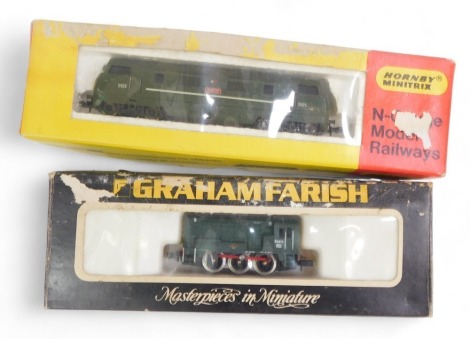 Graham Farrish and Hornby Minitrix N gauge diesel locomotives, comprising Class 08 diesel locomotive D4011, BR lined green livery with yellow striped ends, and Class 42 Warship diesel locomotive Intrepid, D825, BR green livery, boxed. (2)