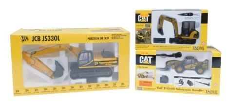 Three Norscott and Joal diecast construction models, comprising a CAT 1-50 scale TH360B telescopic handler, a JCB JS330L tracked excavator, and a CAT 1-32 scale 302.5 mini hydraulic excavator, with work tools, boxed. (3)