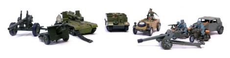 Diecast vehicles, playworn, to include Britain's Kubelwagen, US fighter tankers, baron gun carrier and others. (1 tray)