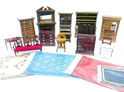 A collection of doll's house furniture, including dresser, mirrored wardrobe, chest on chest, chest of drawers, bureau, settle, rocking chair, highchair, various rugs, three drawer chest, etc. (1 tray)