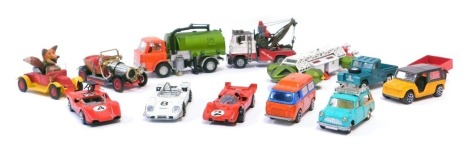 Diecast vehicles, playworn, to include Dinky Toys eagle, Corgi Comics Basil Brush's car, Corgi Chitty Chitty Bang Bang, Politoys Ferrari and Ford Mirage, Land Rover 109WB, Politoys Fiat Aci, Dinky Toys Johnson road sweeper, etc. (1 tray)