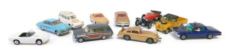 A group of diecast vehicles, playworn, comprising Corgi Citroen Safari, Ford Consul Cortina, Buick Riviera, Oldsmobile Super 88, Jaguar mark X saloon, Volvo P1800, James Bond Aston Martin DB5, Bentley, Lotus Elan S2, and a Land Rover 109WB. (1 tray)