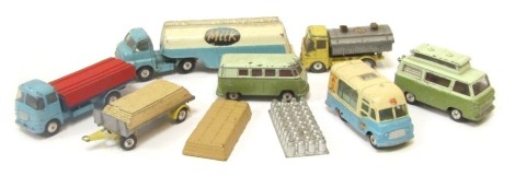 Diecast vehicles, playworn, comprising Corgi Ford James caravan, Smith's carrier van, Corgi Major big Bedford tractor unit for milk, ERF Model 44, platform trailer, milk churns and trays, Volkswagen camper van, etc. (1 tray)