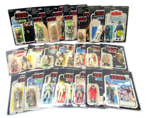 A group of Star Wars Return of the Jedi collectors figures, in open packs, to include Ree Yees, Teebo, Prune Face, 8D8, Bespin Security Guard, Lowbot, Kwekwe, Storm Trooper, General Madine, ATST Driver, IG 88, Han Solo in trench coat, ATAT Commando, B Win