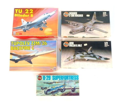 Five aircraft scale model kit builds, comprising Airfix Boeing B29 Super Fortress, Airfix 1-72 Hercules, Airfix 1-72 Avro Vulcan series 9, an ESCI 1-72 scale TU22 Blinda B, and an ESCI 1-72 scale Tupolev 22M/26 Back Fire C, boxed. (5)