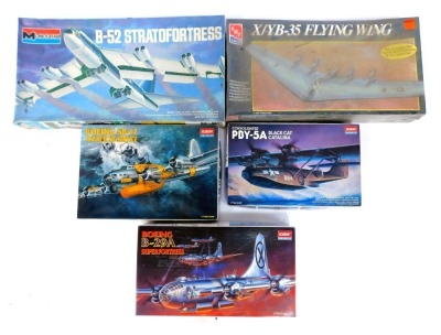 Five aircraft scale model kits, comprising Academy Consolidated PBY 5A Black Cat Catalina 1-72 scale, Boeing SB17 Air Rescue Service 1-72 scale, 1-72 scale Boeing B29A Super Fortress, and AMT Ertl X/YB-35 Flying Wing, and a Monogram B-52 Stratofortress, b