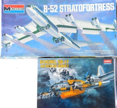 Five aircraft scale model kits, comprising Academy Consolidated PBY 5A Black Cat Catalina 1-72 scale, Boeing SB17 Air Rescue Service 1-72 scale, 1-72 scale Boeing B29A Super Fortress, and AMT Ertl X/YB-35 Flying Wing, and a Monogram B-52 Stratofortress, b - 2