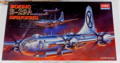 Five aircraft scale model kits, comprising Academy Consolidated PBY 5A Black Cat Catalina 1-72 scale, Boeing SB17 Air Rescue Service 1-72 scale, 1-72 scale Boeing B29A Super Fortress, and AMT Ertl X/YB-35 Flying Wing, and a Monogram B-52 Stratofortress, b - 4