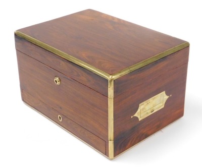 A Victorian rosewood and brass bound travelling box, the hinged lid opening to reveal a purple velvet fitted interior with a lift out tray containing cut glass and plate lidded bottles, boxes and jars, three manicure implements, with five recesses behind - 4