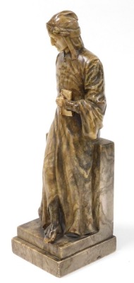 A 19thC alabaster figure of Dante Alighieri, modelled standing, leaning against a plinth, with a book in his hand, raised on stepped square base, 43.5cm high. - 2