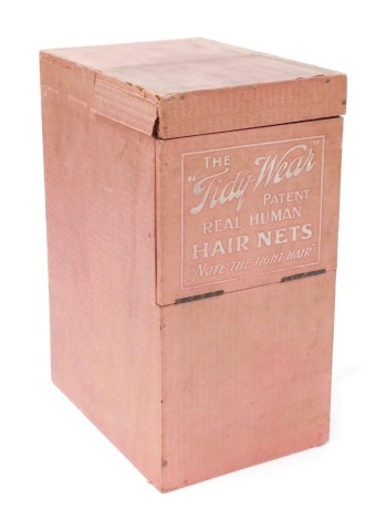 An early 20thC Tidy-Wear shop display box, for real human hair nets, and fringe nets, with advertised prices, 39cm high, 20cm wide.