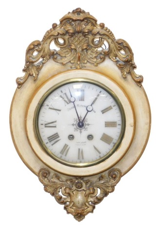 A late 19thC parcel giltwood and gesso wall clock, by James Ritchie and Son Leith Street Edinburgh, circular marbled dial bearing Roman numerals, eight day movement with coil strike, the case of circular form, with rococo foliate carving, with pendulum an