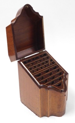 A George III mahogany and boxwood inlaid knife box, of serpentine form, the hinged lid opening to reveal a fitted interior, 32cm high, 20cm wide. - 2