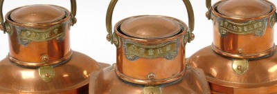 Three copper and brass ship's lights, converted to electricity, comprising port, starboard and stern lights, 21cm high. - 2