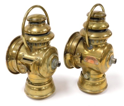 A pair of Nirona number 12 brass car oil lamps, 28cm high. - 2