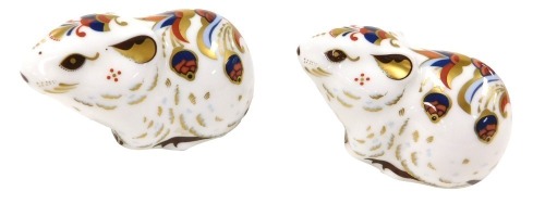 A pair of Royal Crown Derby Imari porcelain paperweights, modelled as the Bank Vole, exclusive for the Royal Crown Derby collector's guild 2004, gold stoppers.