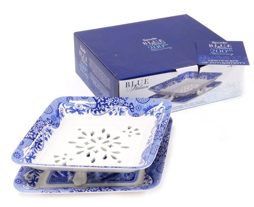 A Spode Pottery Italian pattern blue and white fruit strainer on stand, 200th anniversary edition, printed mark, boxed.