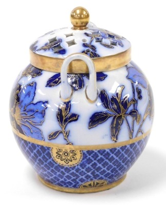 A late 19thC Wedgwood pottery twin handled pot pourri vase and cover, decorated in blue and white with flowers, gilt heighted, impressed and painted marks, 15cm high. - 2