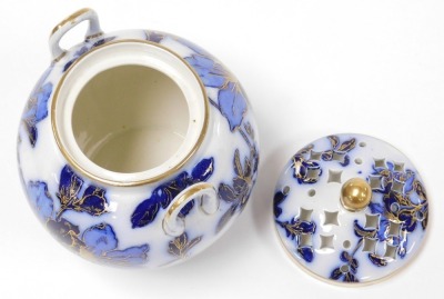 A late 19thC Wedgwood pottery twin handled pot pourri vase and cover, decorated in blue and white with flowers, gilt heighted, impressed and painted marks, 15cm high. - 3