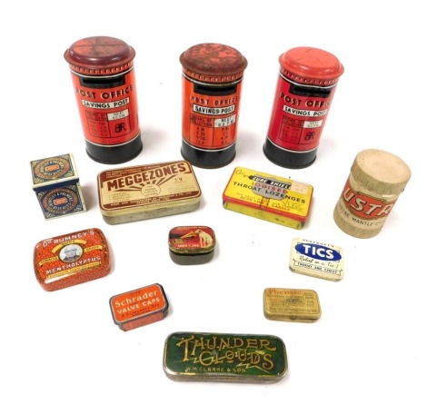 A group of vintage advertising tins and boxes, for Dr Rumney's mentholyptus, WM Clarke and Son Thunderclouds, Meggezones, together with three Post Office savings post tins. (qty)