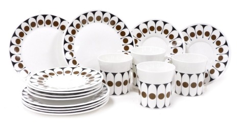 A vintage Hostess Tableware porcelain Black Velvet pattern part coffee service, designed by John Russell, comprising four coffee cups, six saucers and six plates.