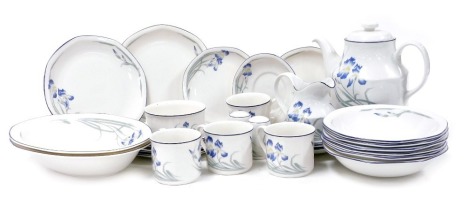 A Royal Doulton porcelain Minerva pattern part dinner and tea service, including a pair of oval serving dishes, soup bowls, tea pot, cream jug, salt and pepper pots, plates and cups. (qty)