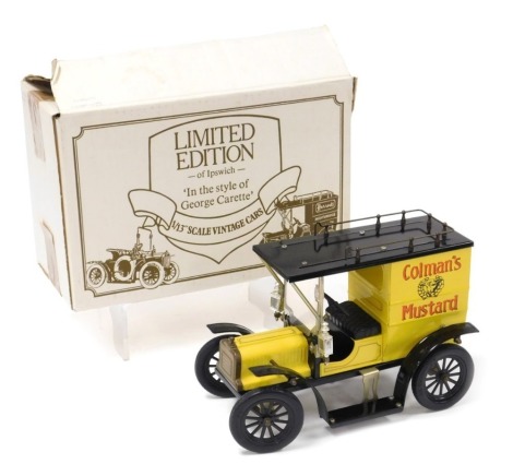 A limited edition of Ipswich vintage model Colman's mustard van, in the style of George Carette, scale 1/13, with JB Balloon tyres, boxed, 28cm wide.